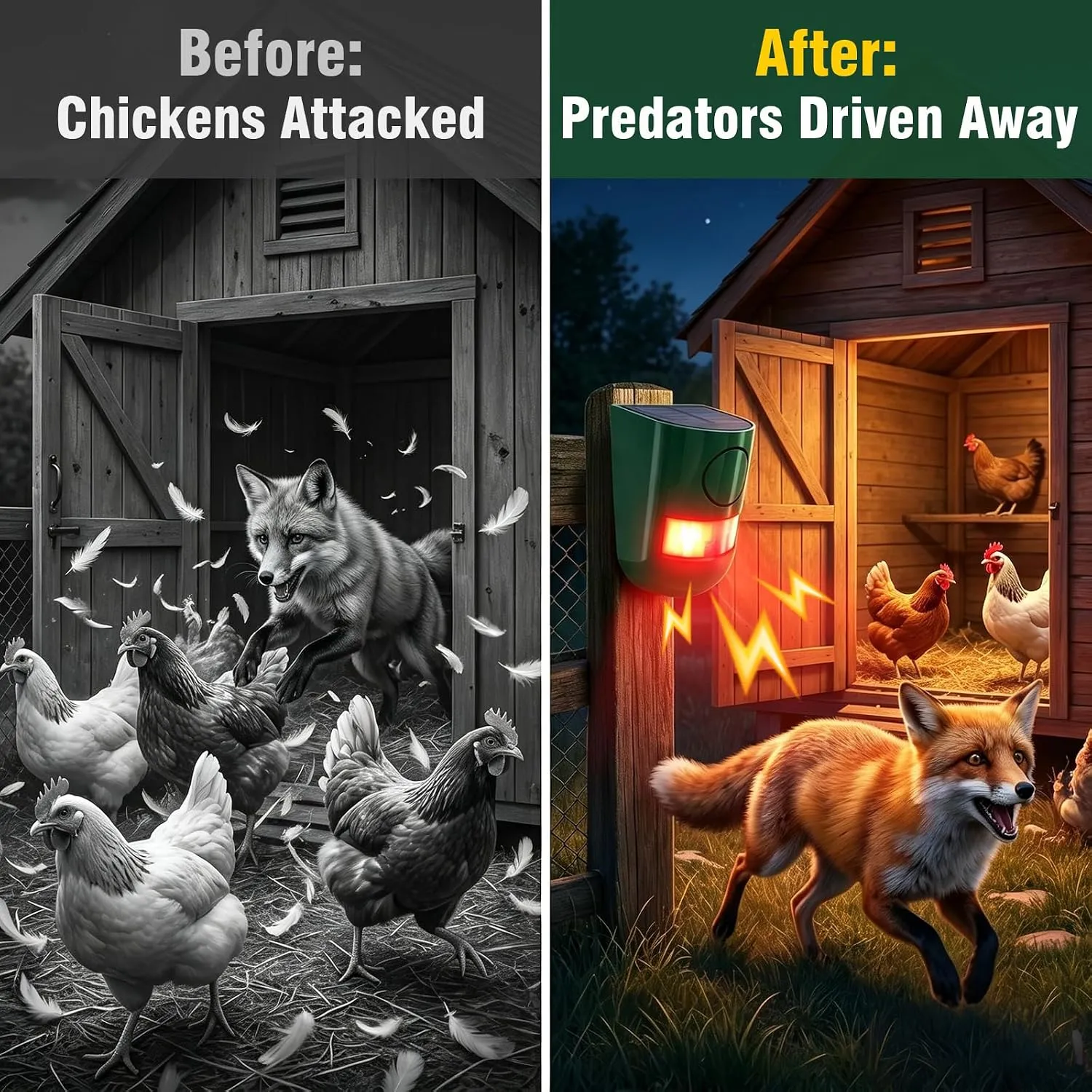 Before and after view of a chicken area with a solar alarm light