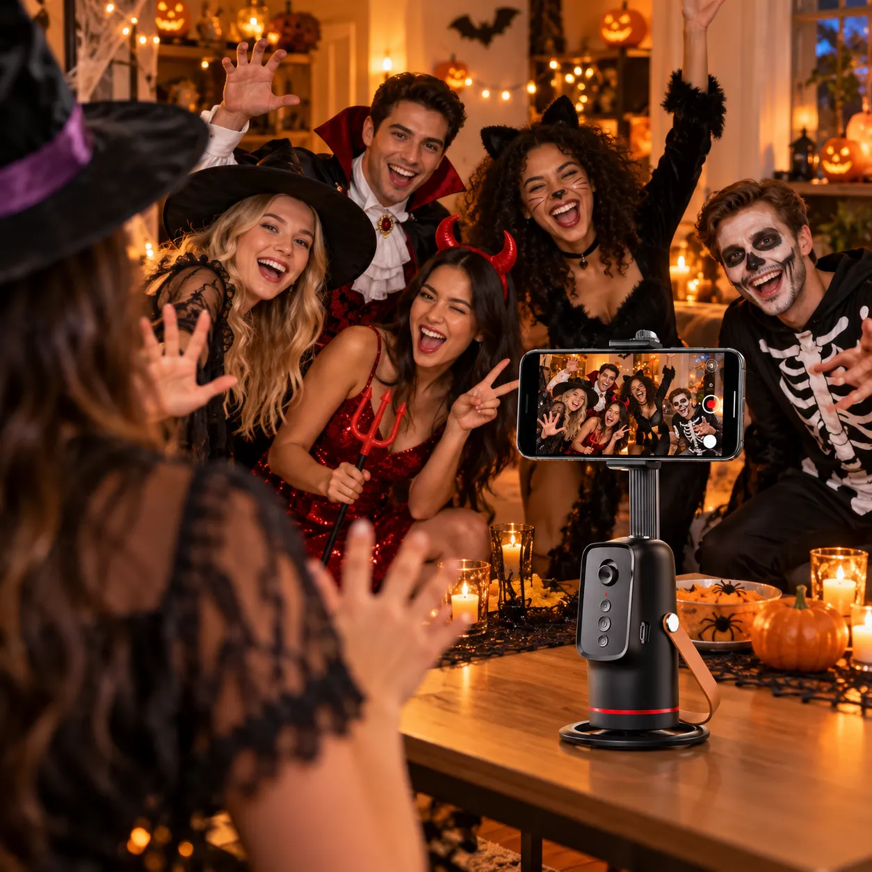 Halloween host captures a lively group moment with the Q03