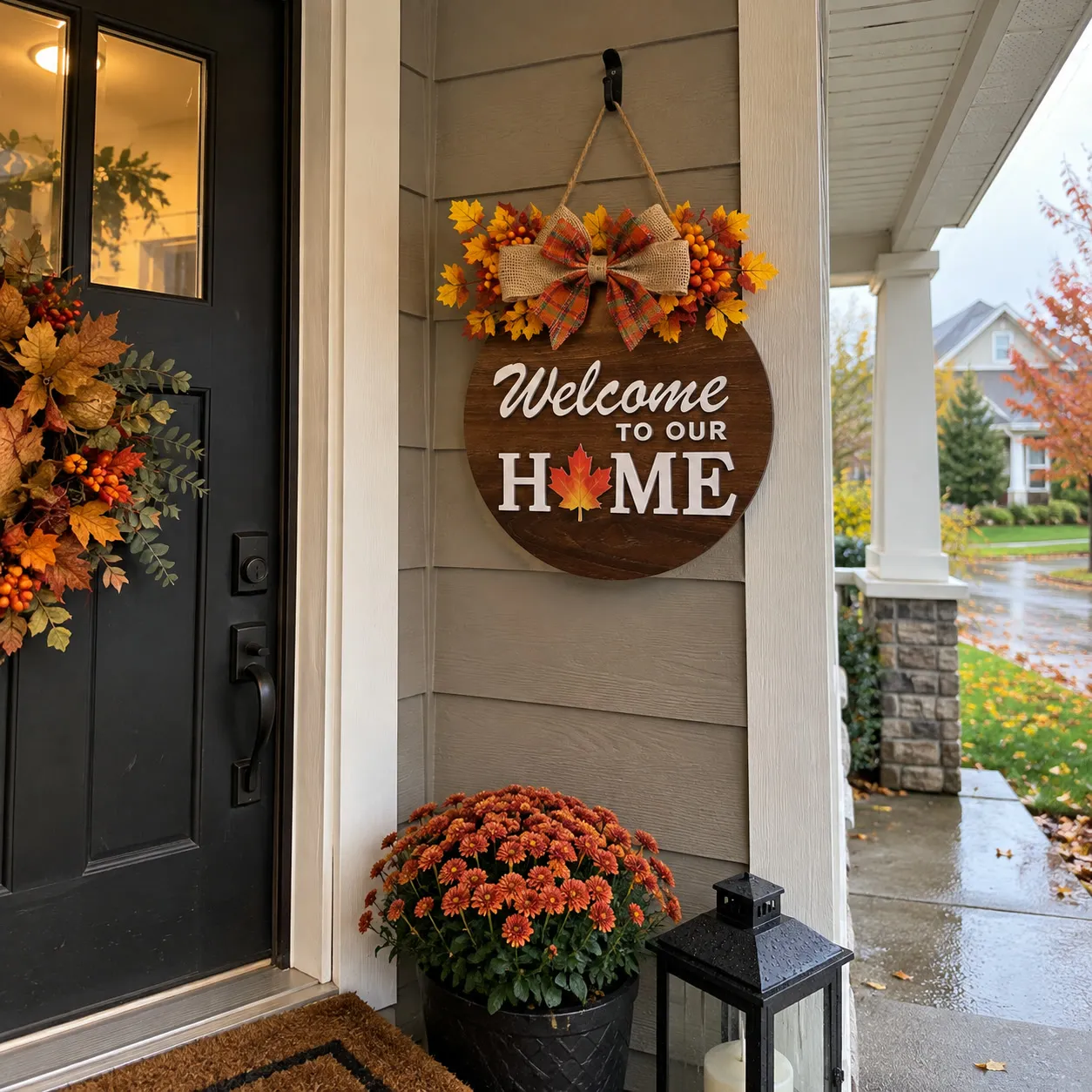 Autumn welcome sign displayed beneath a covered porch roof