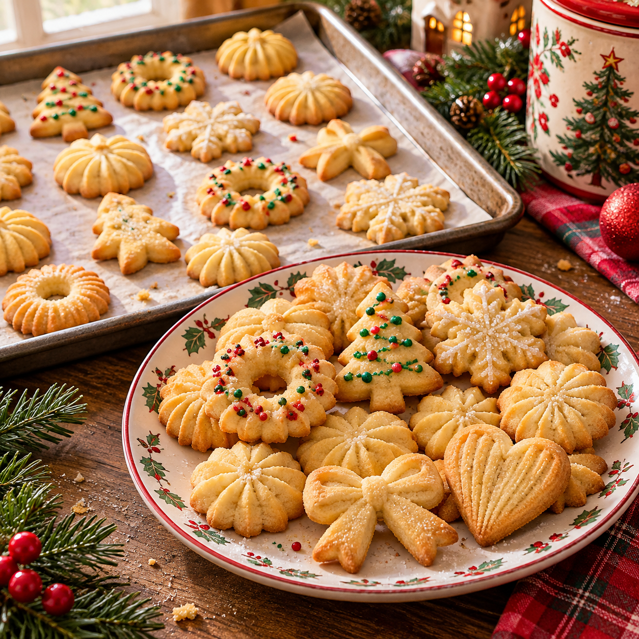 Assorted pressed Christmas cookies in different festive shapes
