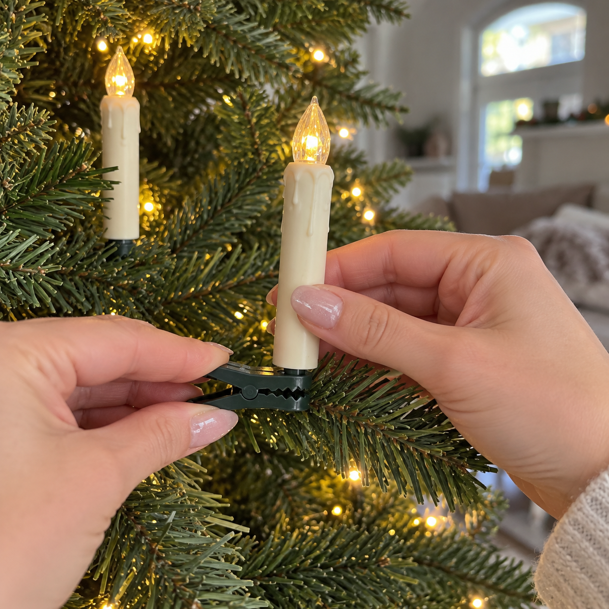 Hands clipping a flameless LED candle onto a Christmas tree branch