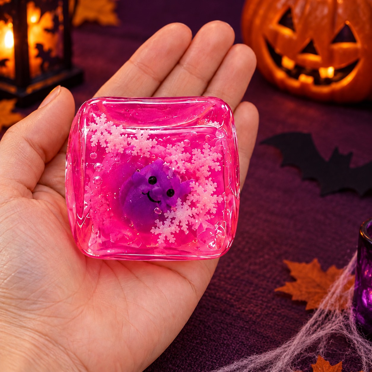 Pink character squishy cube resting in a hand