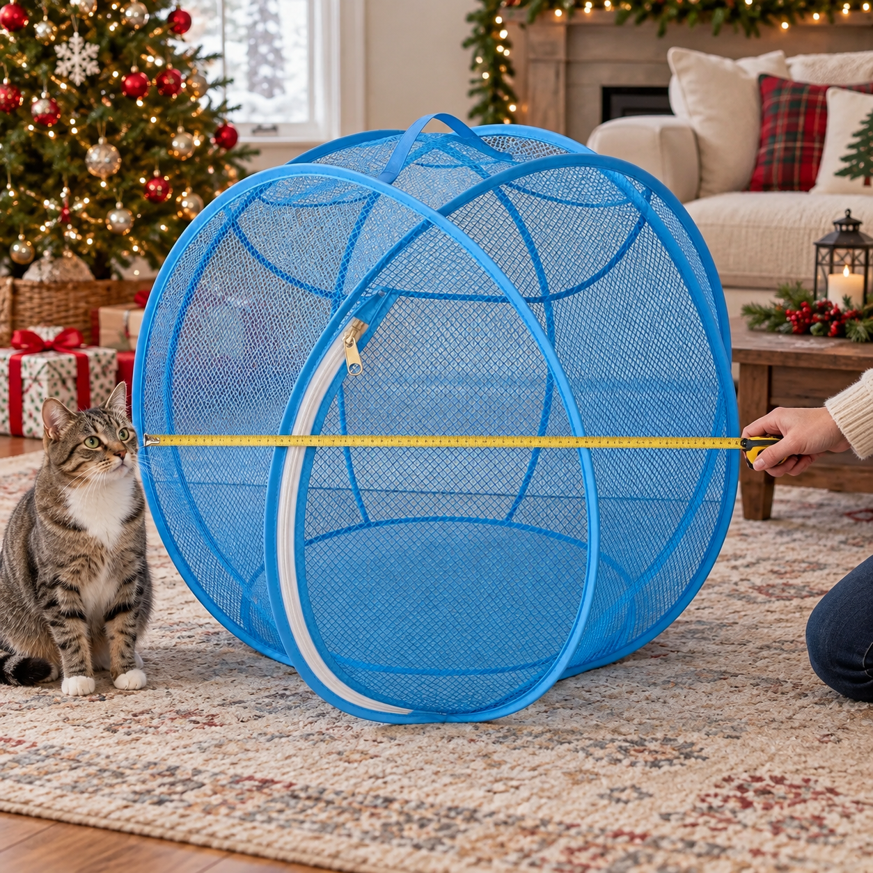 Measuring the assembled rolling pet playpen for size