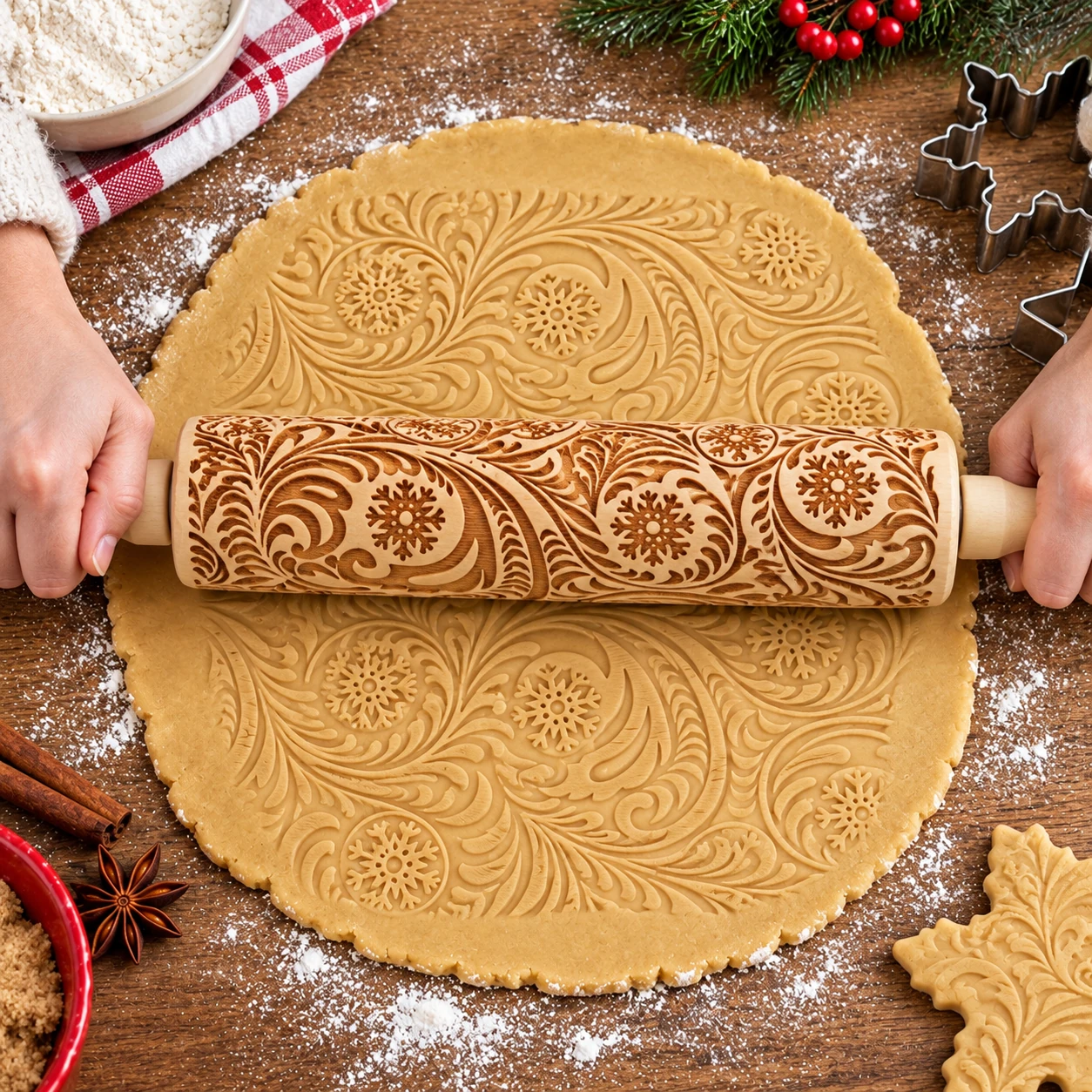 Even hand pressure creating a clear embossed dough pattern