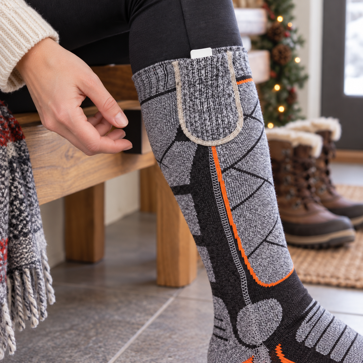Rechargeable battery seated inside the heated sock cuff pocket