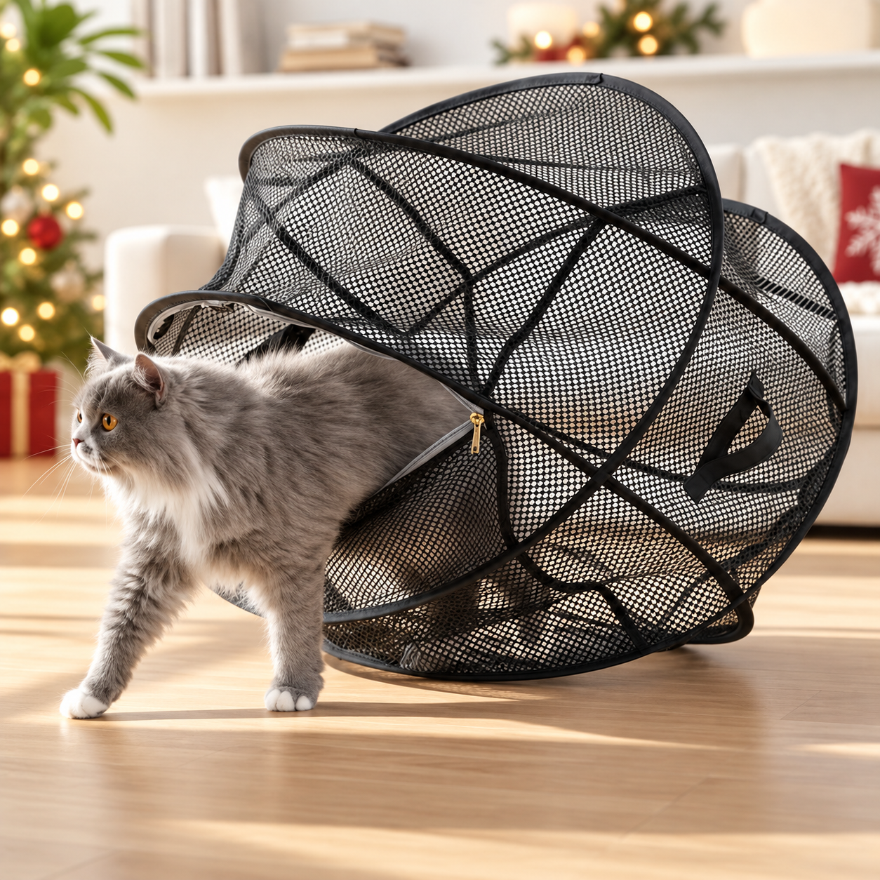 Fluffy gray and white cat calmly stepping through the black mesh playpen opening in a festive living room