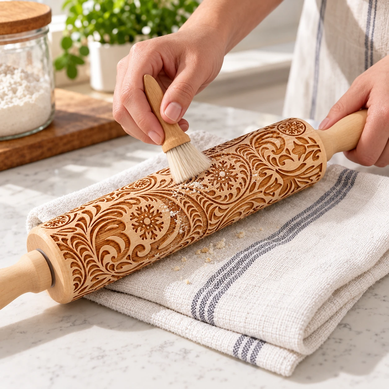 Cleaning flour from engraved rolling pin grooves with a soft brush