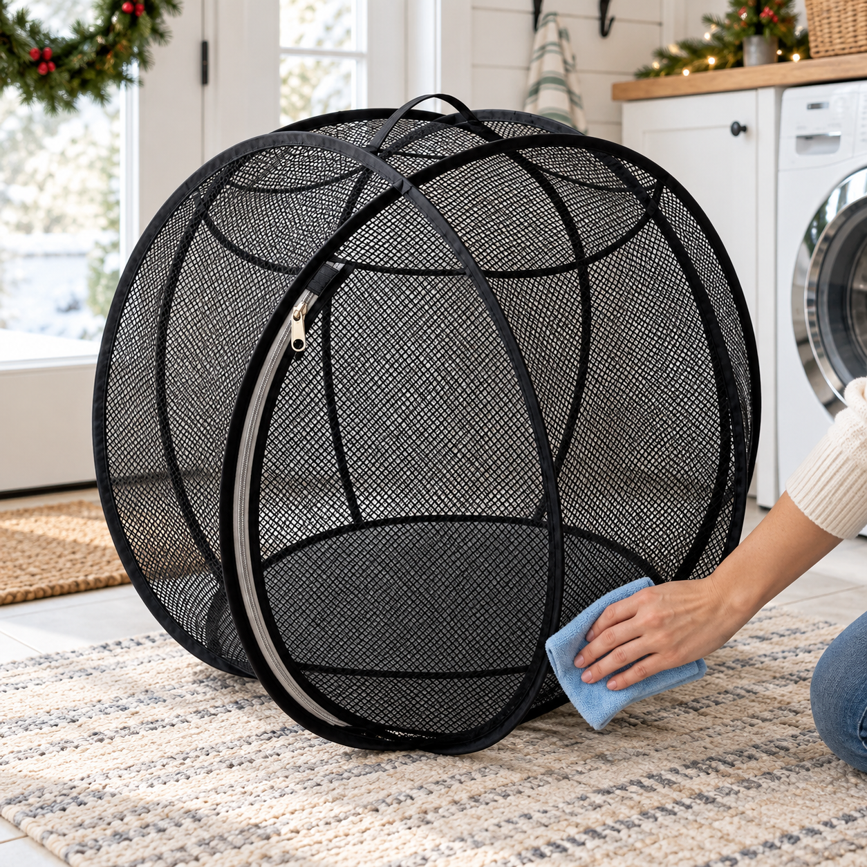 Spot cleaning the black mesh playpen with a damp cloth