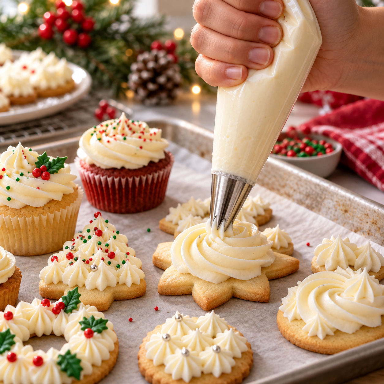 Piping cream decorations onto holiday cookies and cupcakes