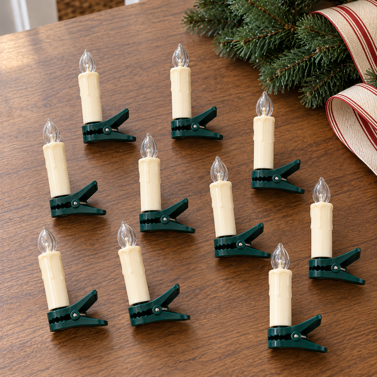 Clip-on Christmas candles organized in a storage box