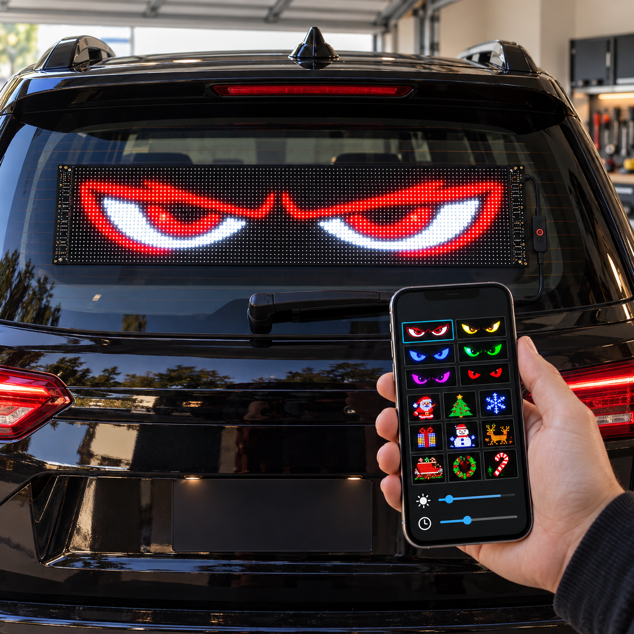 Phone app showing eye and Christmas animation choices for the LED display
