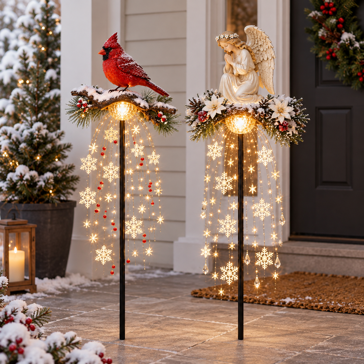 Cardinal and angel garden stake styles shown side by side