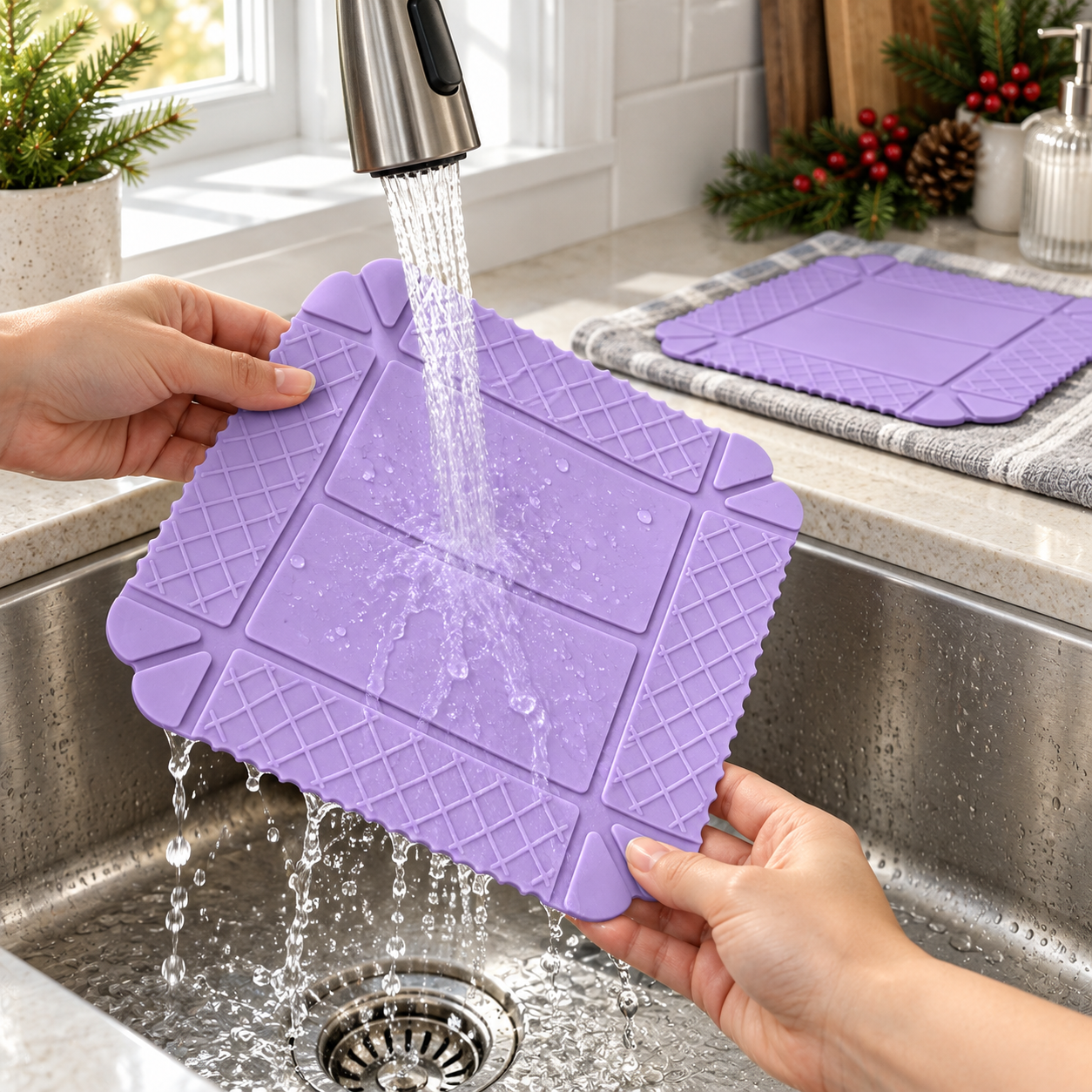 Purple silicone mat being rinsed clean in a kitchen sink
