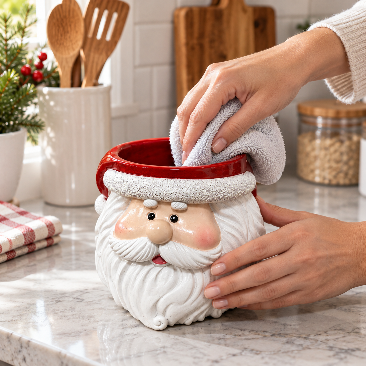 Weihnachtsmann-Utensilienhalter, der vorsichtig sauber gewischt wird