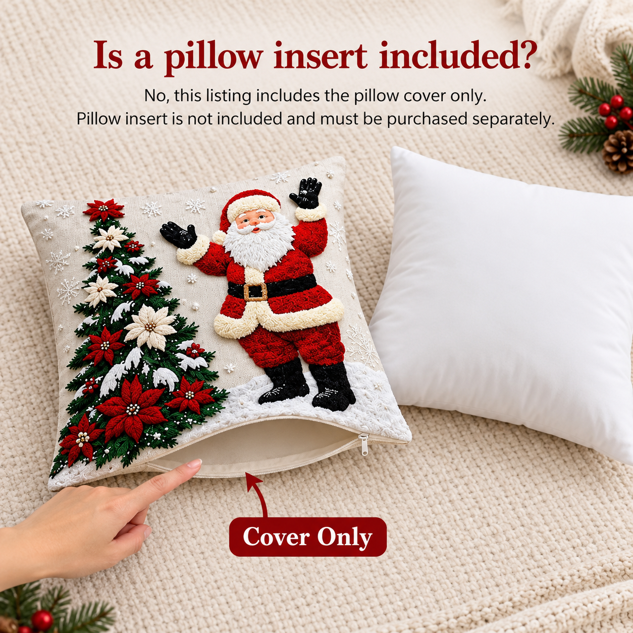 Christmas pillow cover shown empty beside a separate pillow insert