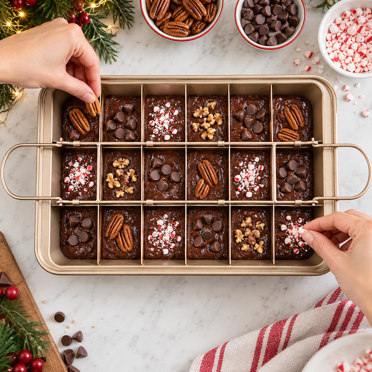 Adding different toppings to individual brownie portions