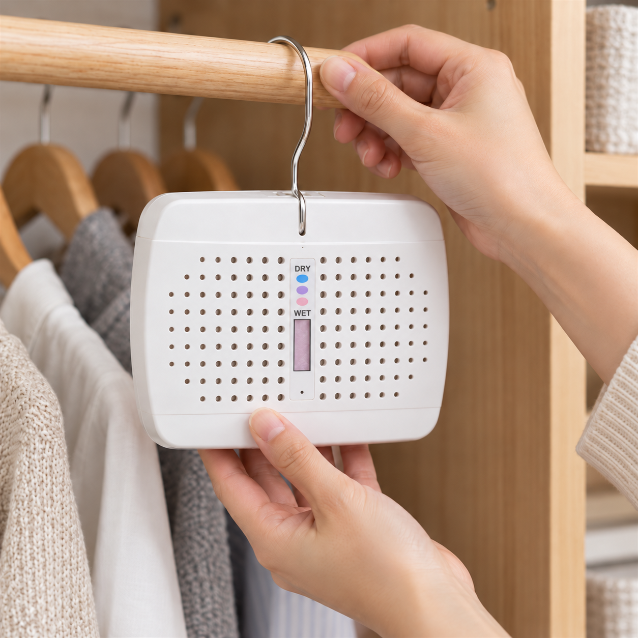 Hands hanging the dehumidifier with corrected DRY and WET indicator from a closet rod