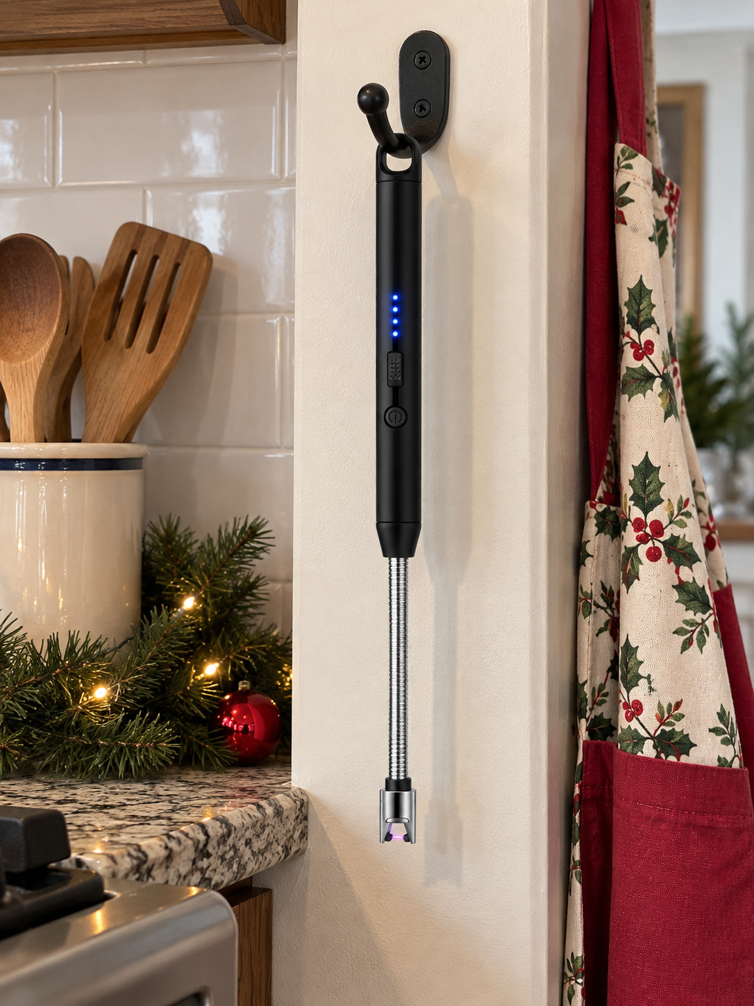 Arc lighter hanging by its bottom storage loop
