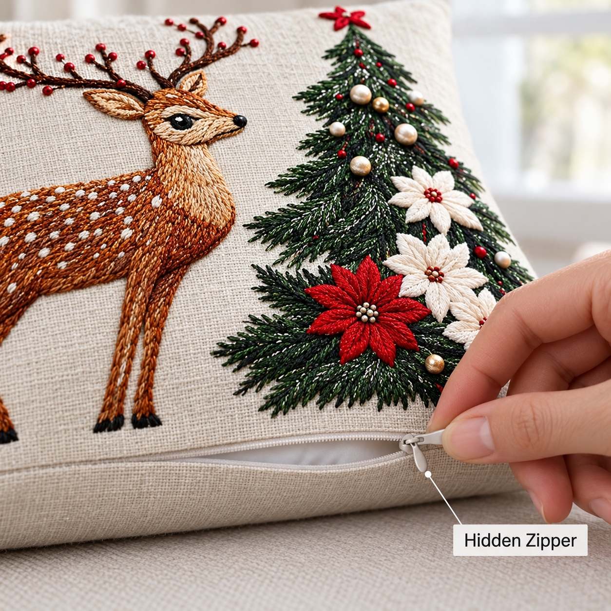 Close view of the hidden zipper on the embroidered pillow cover