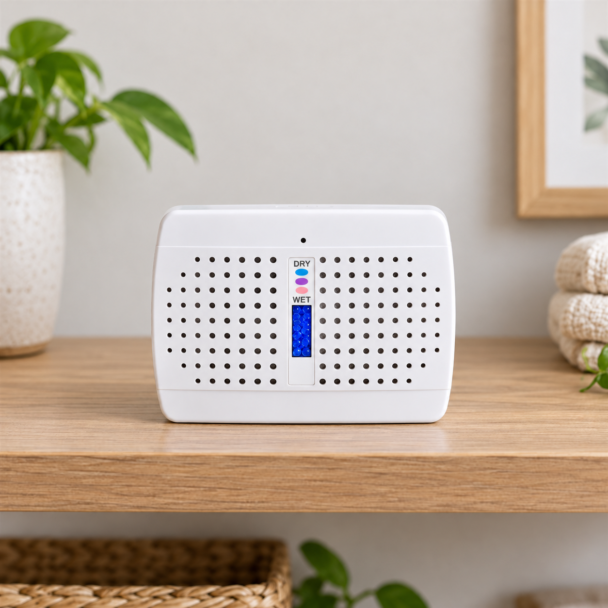 Single rechargeable mini dehumidifier centered on a shelf with an all-blue dry indicator