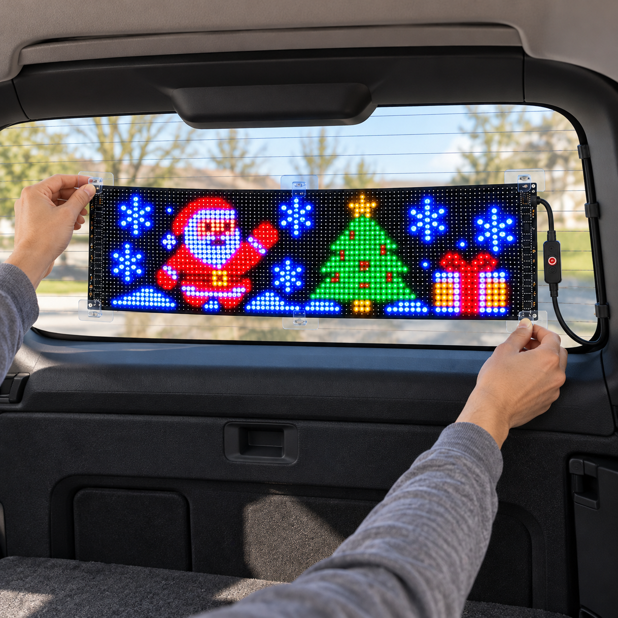 Hands mounting the flexible LED panel inside a rear window without drilling