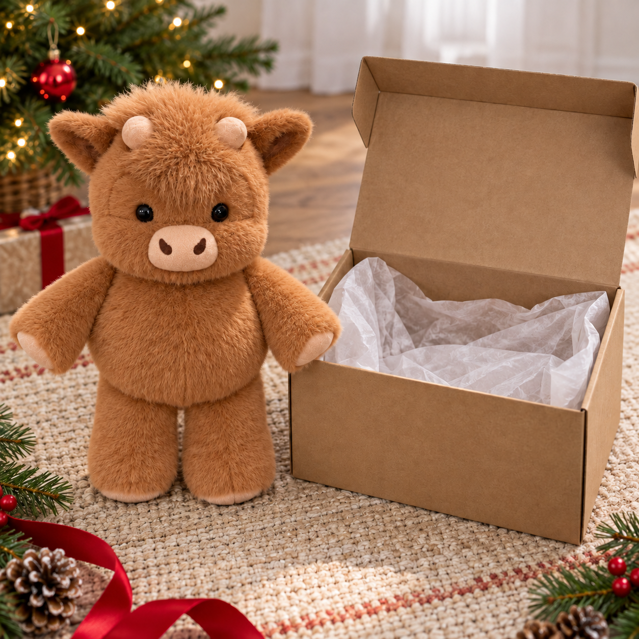Ein Kuh-Plüschtier neben einer geöffneten Geschenkbox