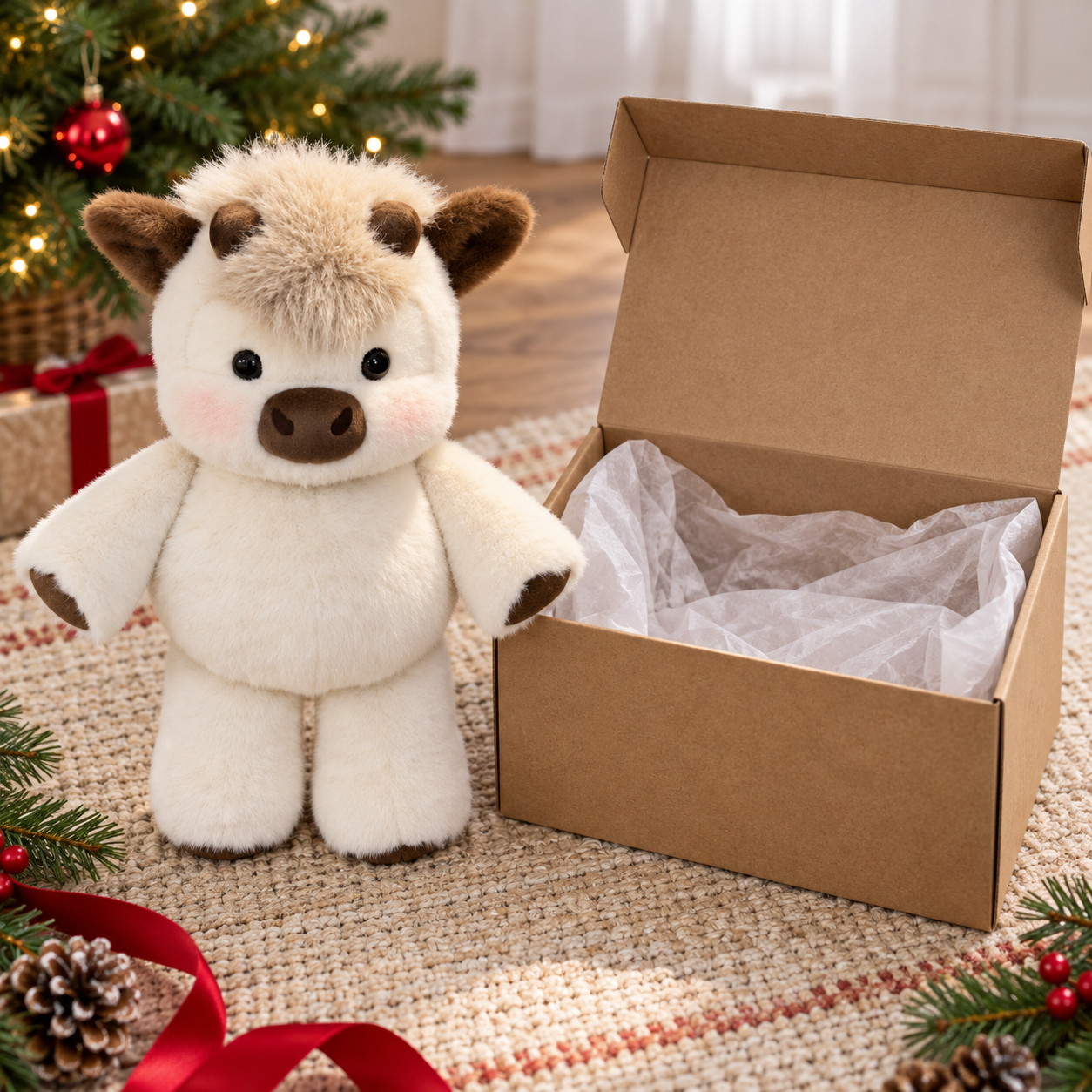 One cow plush beside an open gift box