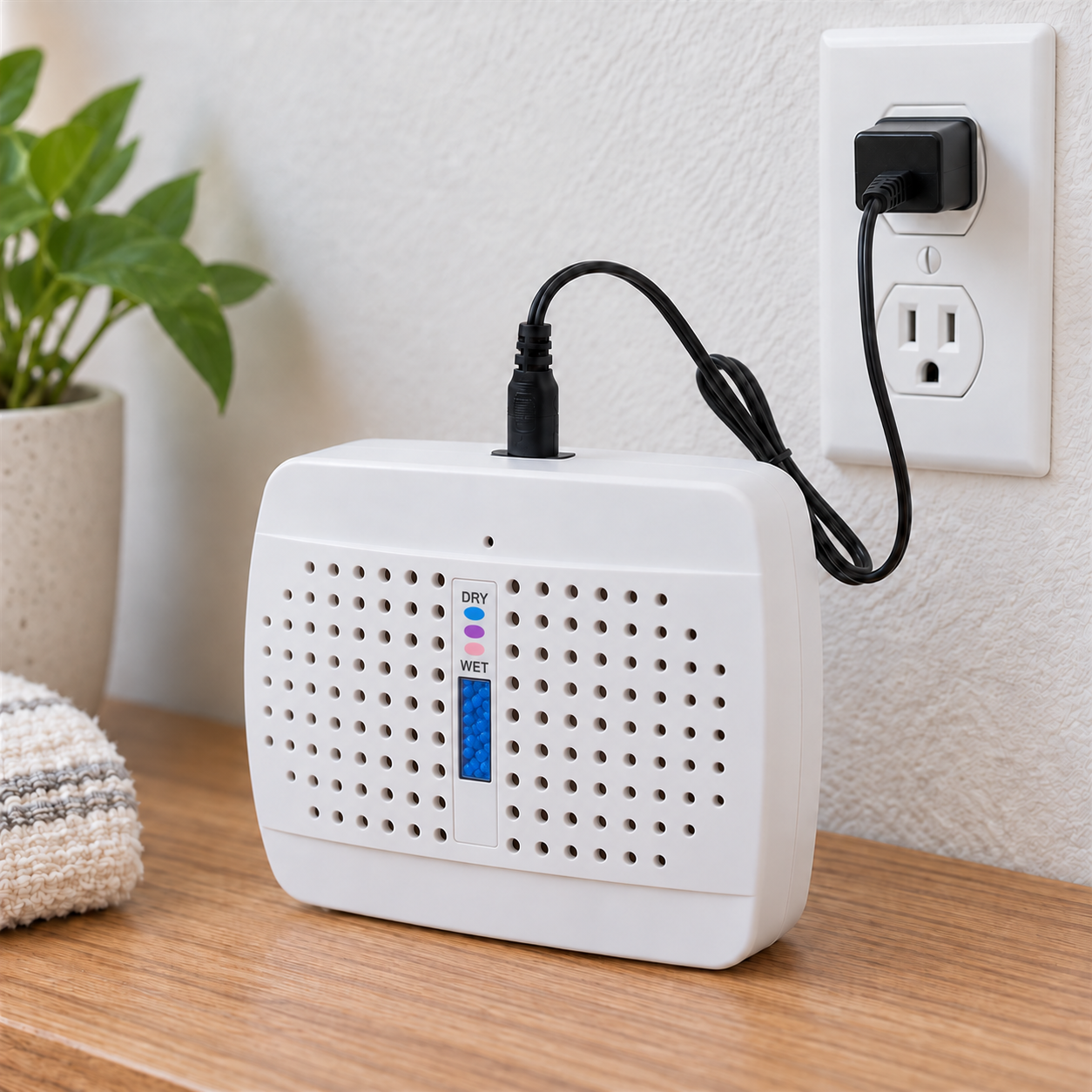 Power cord connected to the dehumidifier with corrected DRY and WET labels and an all-blue indicator window