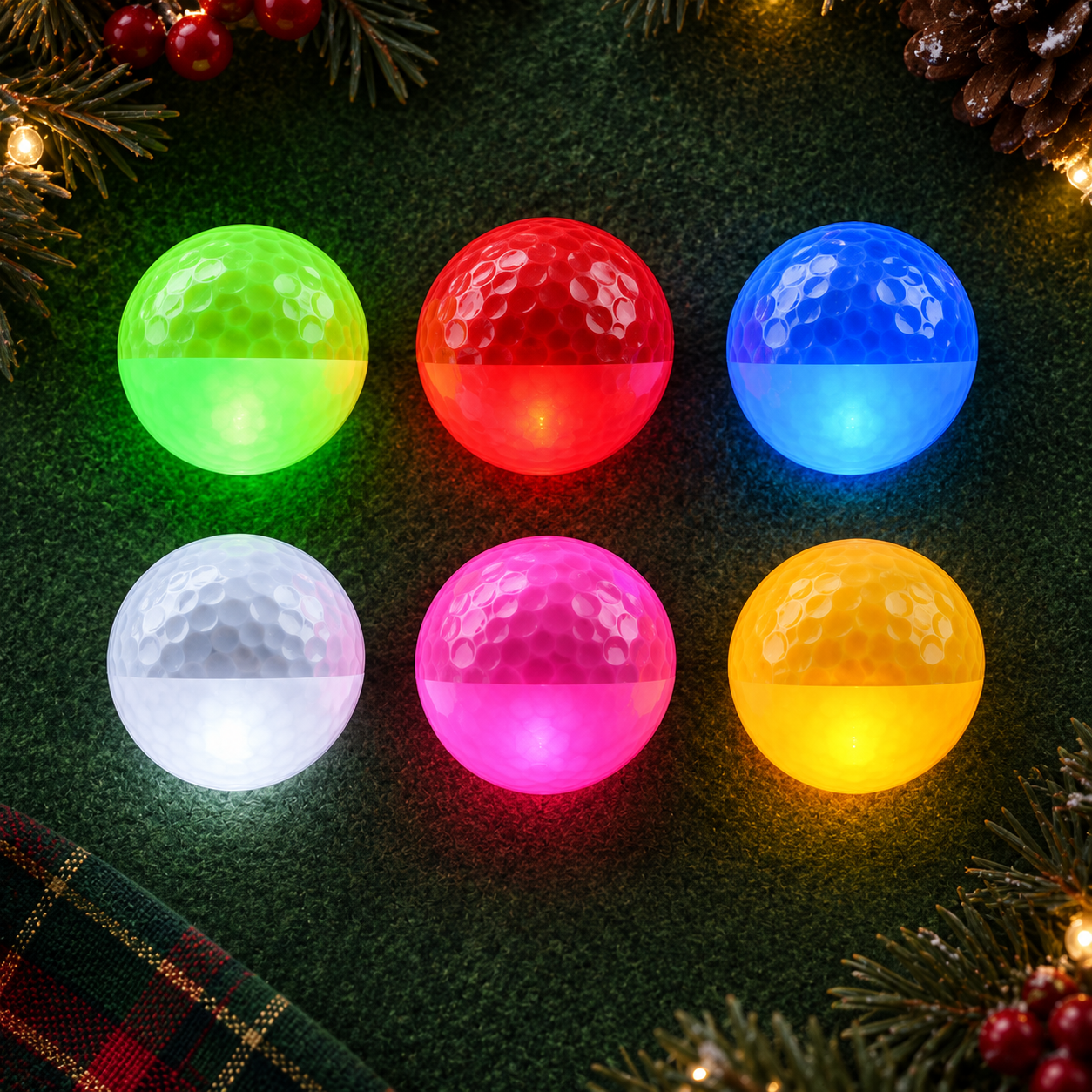 Green, red, blue, white, pink and yellow LED golf balls