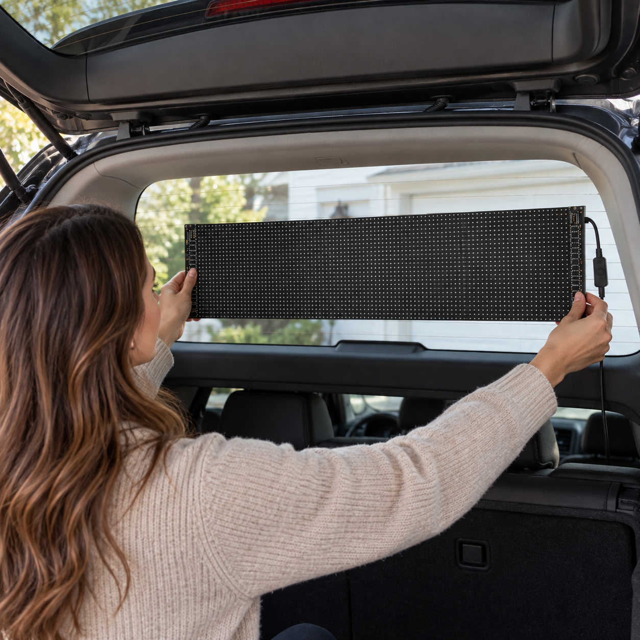 Checking the flexible LED panel fit against an SUV rear window