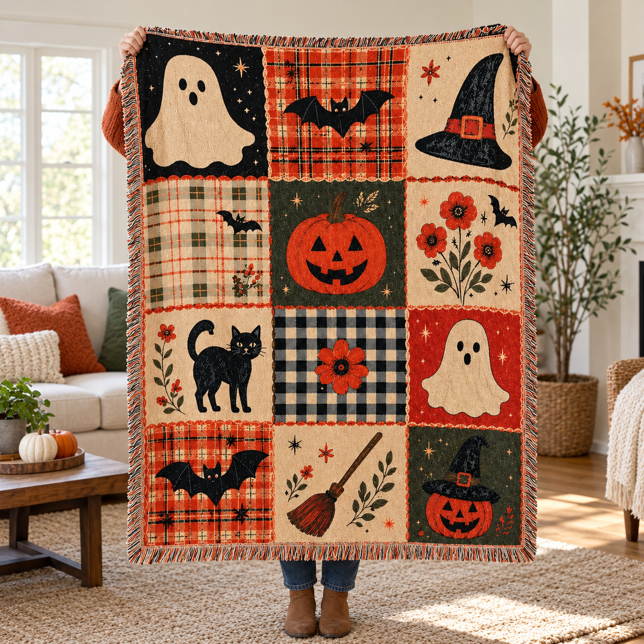 Adult holding the 51 by 63 inch Halloween throw