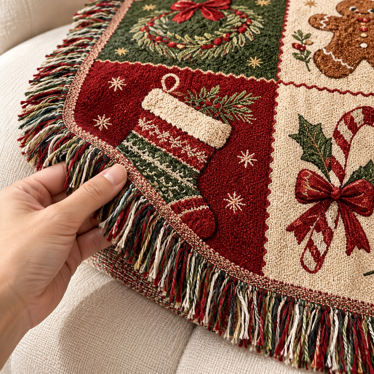 Close-up of the Christmas throw woven texture and fringe