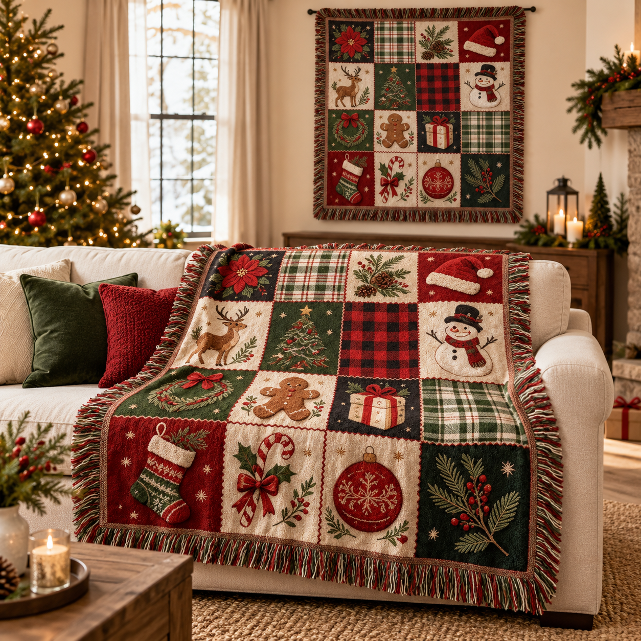 Christmas patchwork throw styled on a sofa and wall