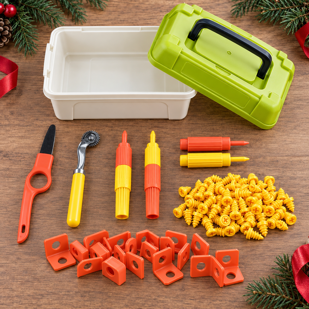 Contents of the 148-piece cardboard construction kit