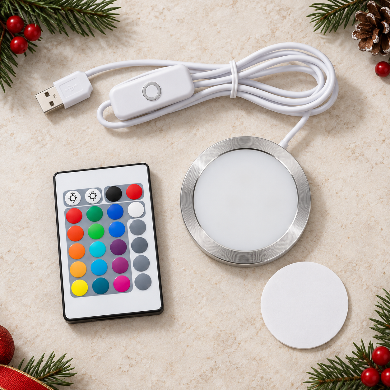 Puck light, USB cable, inline controller, remote, and adhesive pad
