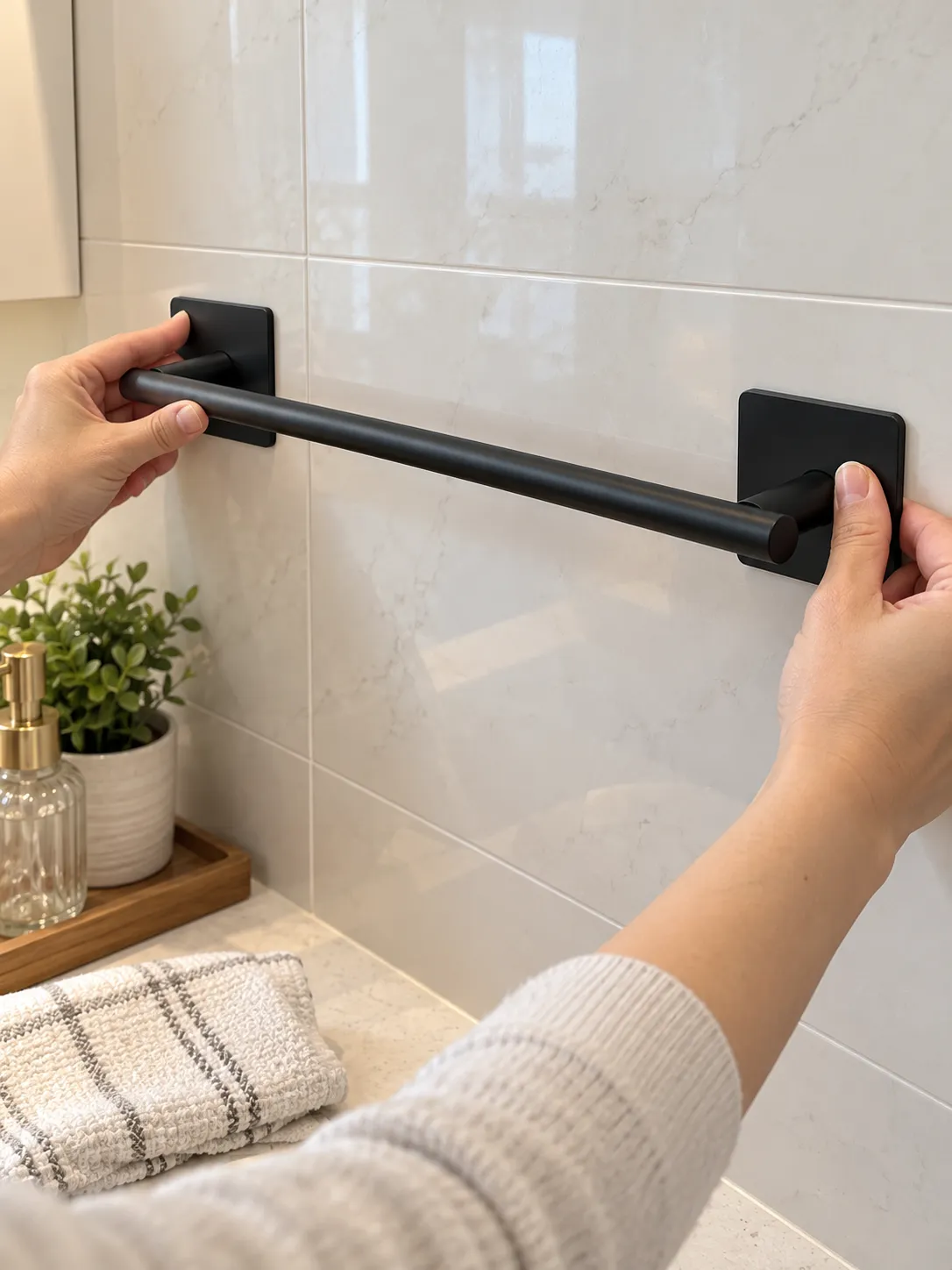 Hands pressing a black towel bar onto smooth tile