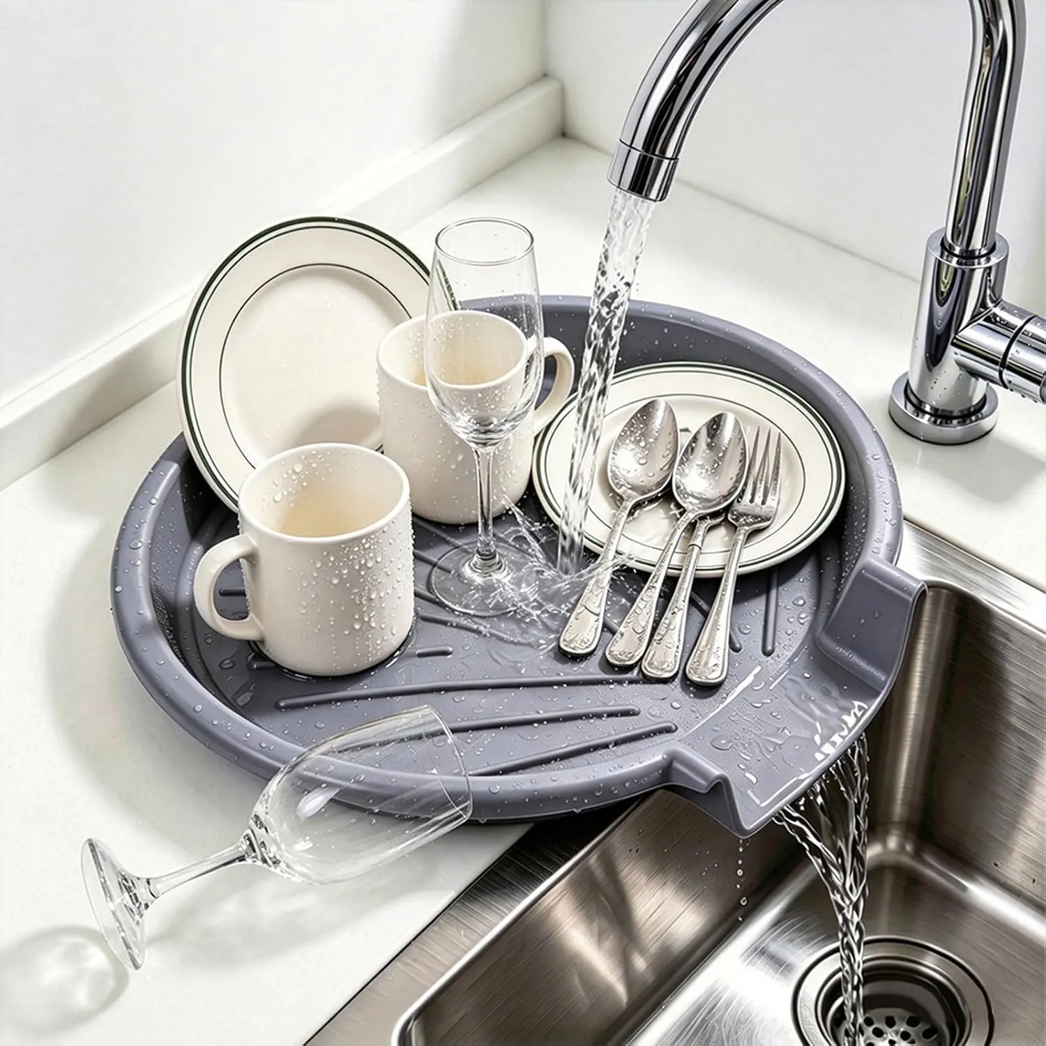 Grooved drain base beside the sink holding washed dishes