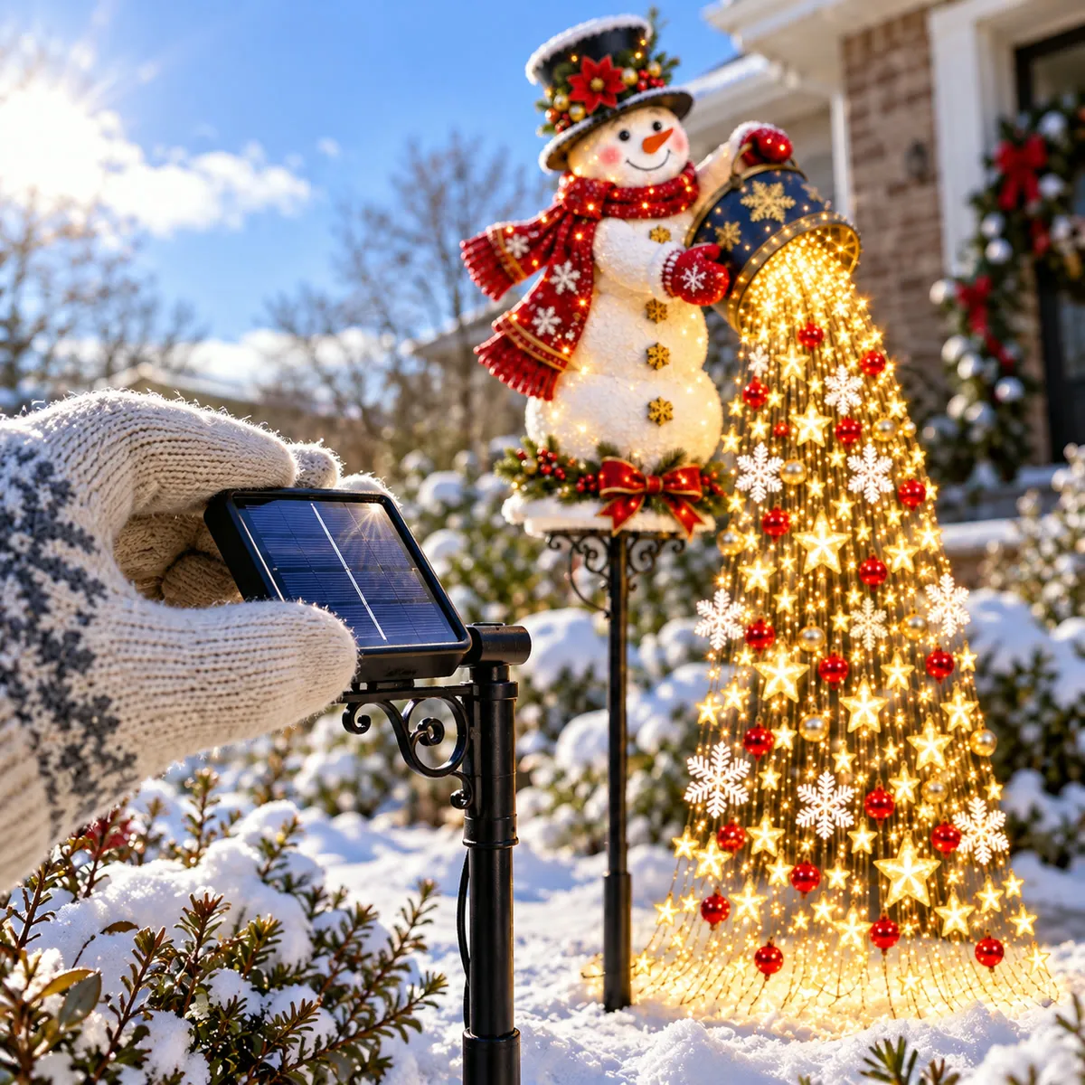Gloved hand positioning the solar panel toward winter daylight