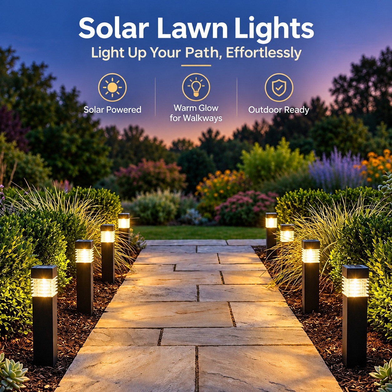 Warm solar lawn lights along a garden path