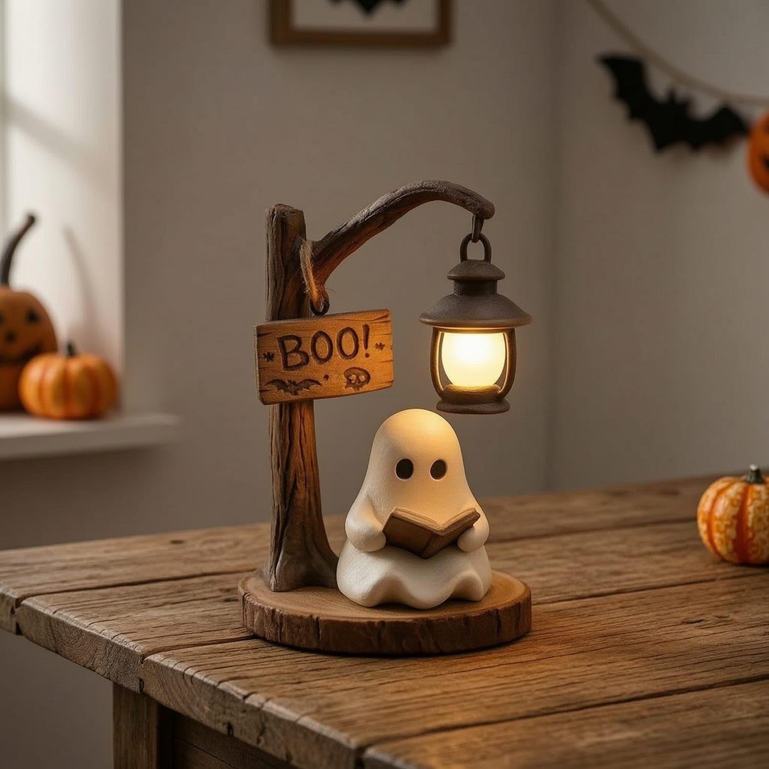 Lanterne med læsende spøgelse på et rustikt Halloween-bord