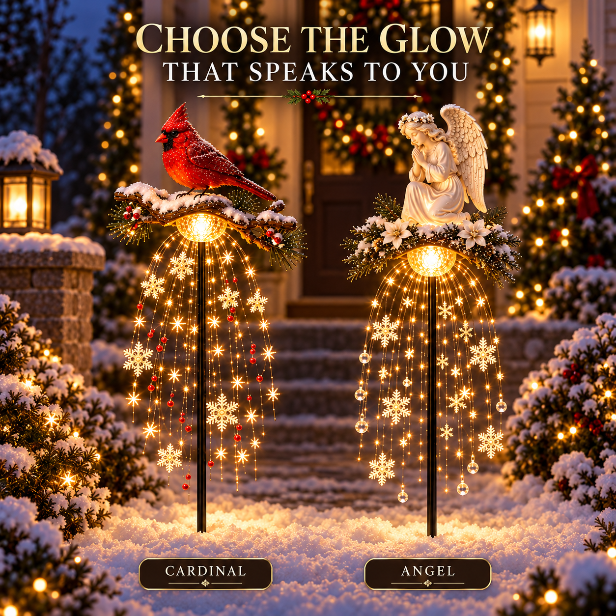Choose between cardinal and angel lighted Christmas garden stake styles