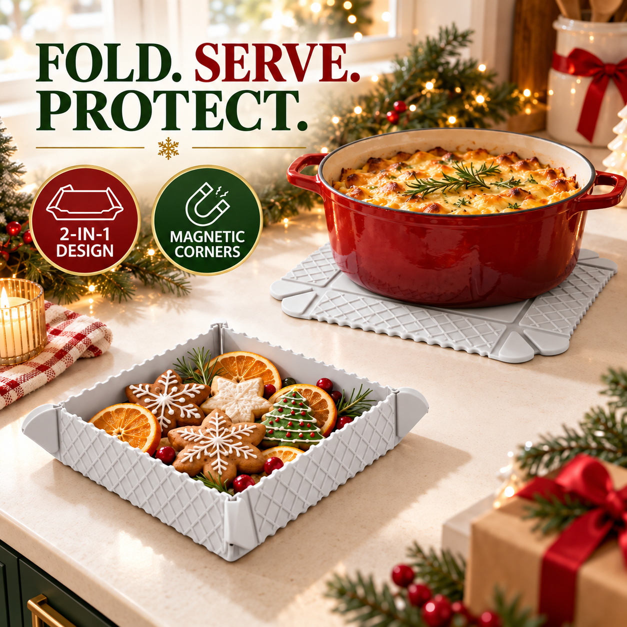 Christmas 2-in-1 magnetic silicone tray and trivet with matching diamond lattice sidewalls