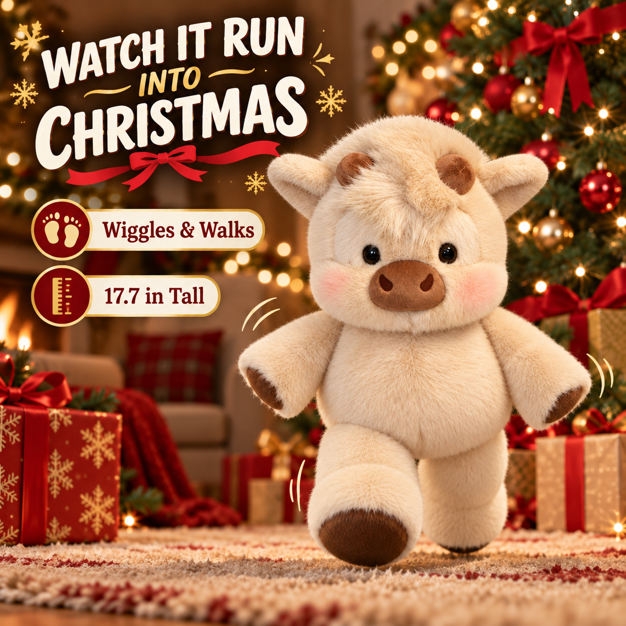 Christmas Running Cow Plush – Wiggles, Walks & Brings Holiday Cheer - 1