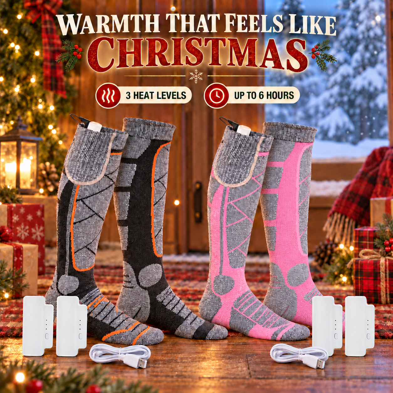 Christmas rechargeable heated socks in orange-gray and pink-gray