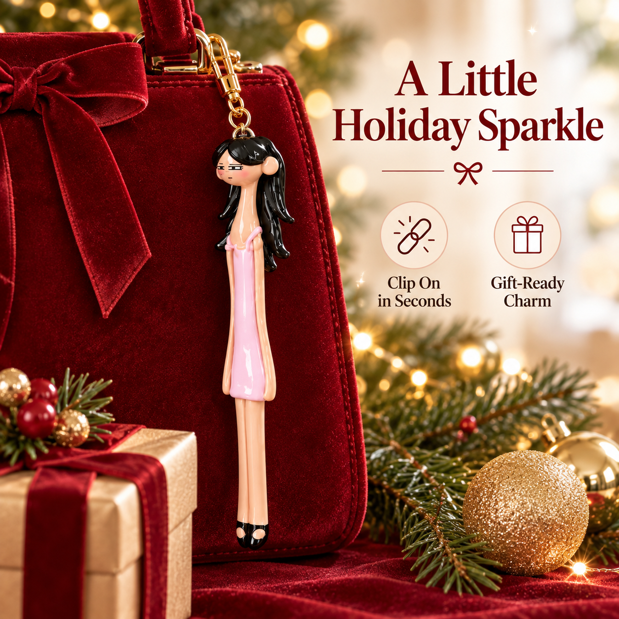 Black-haired doll bag charm on a red velvet handbag in a Christmas setting