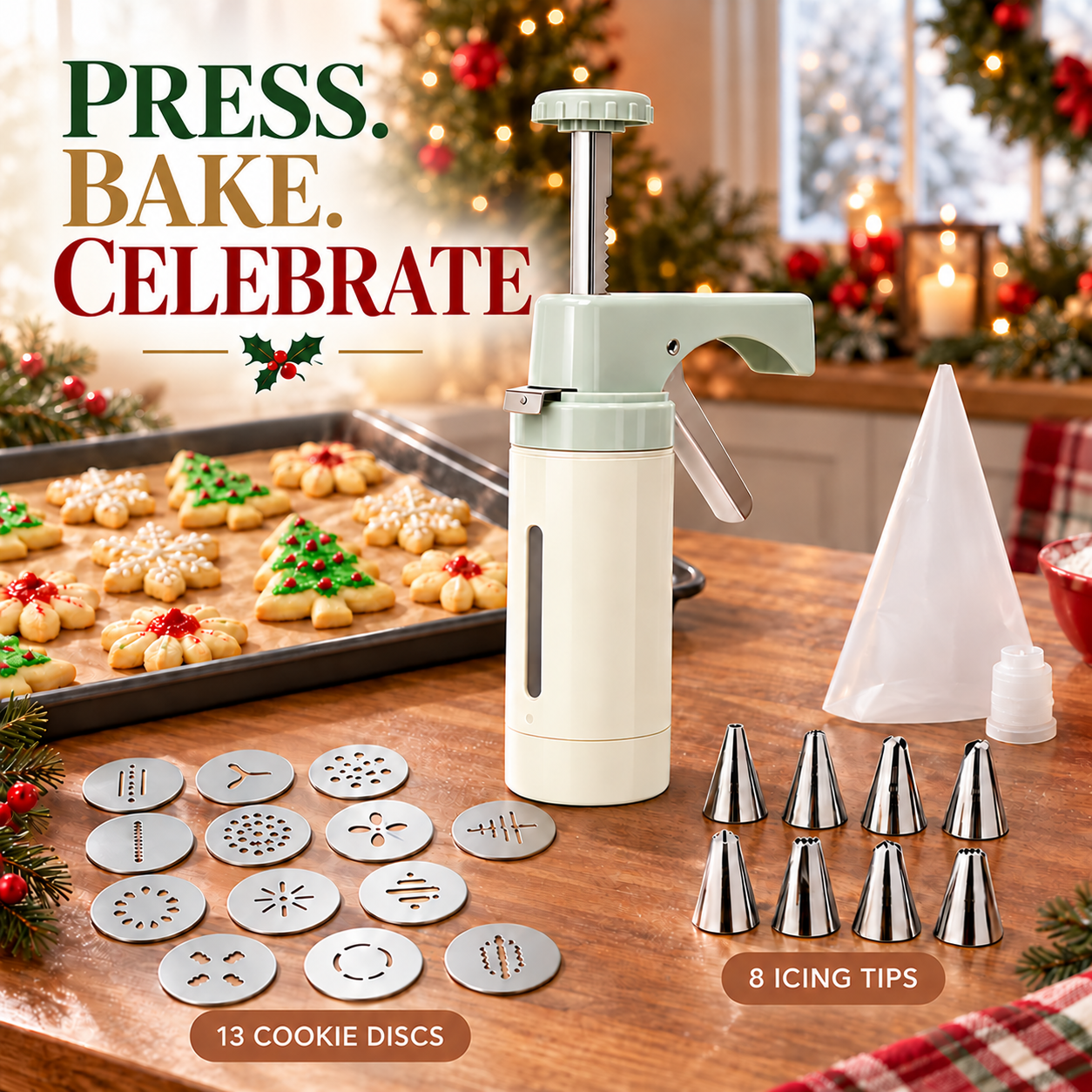 Upright Christmas cookie press kit with the correct 13 cookie disc patterns and 8 decorating tips