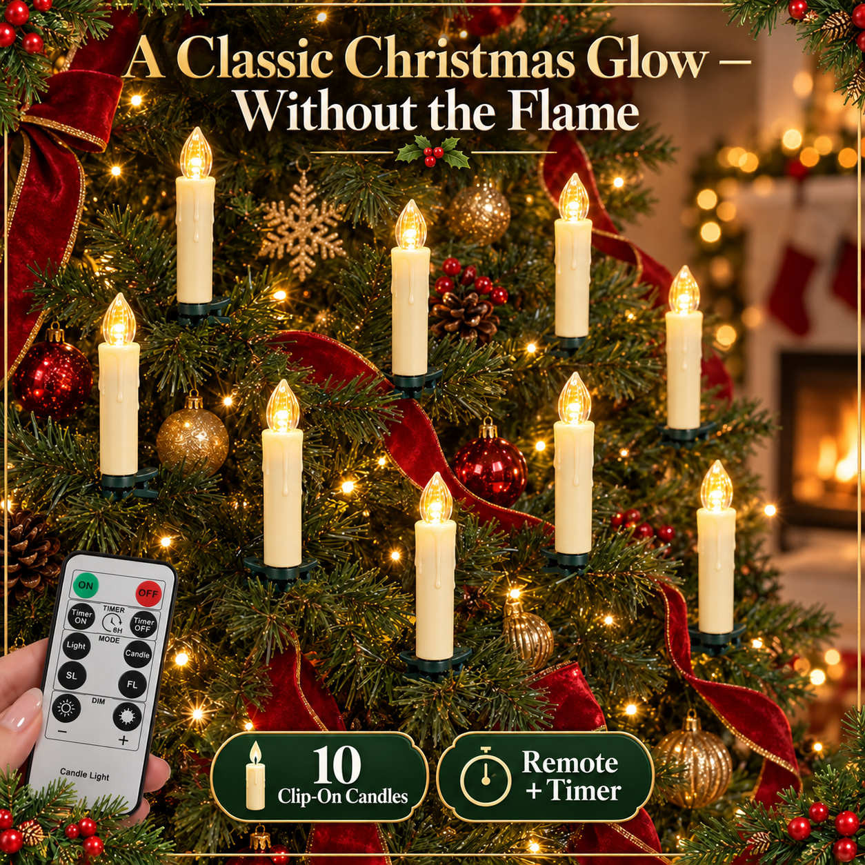 Ten clip-on flameless Christmas tree candles with the matching remote control