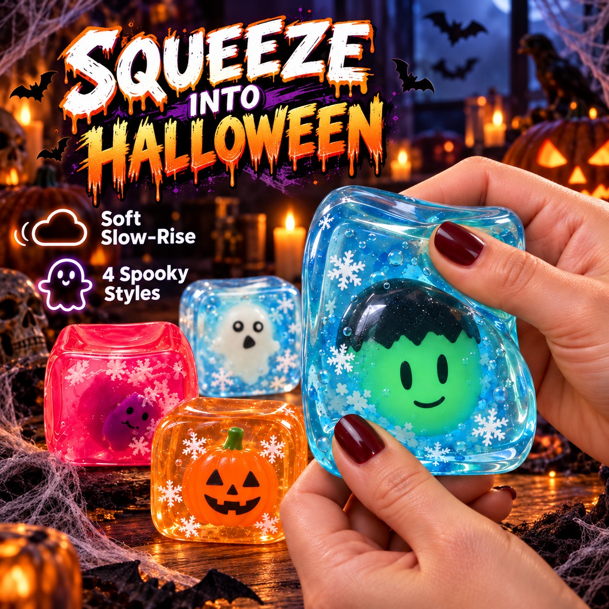 Halloween Character Squishy Cube – Soft Slow-Rise Toy - 1
