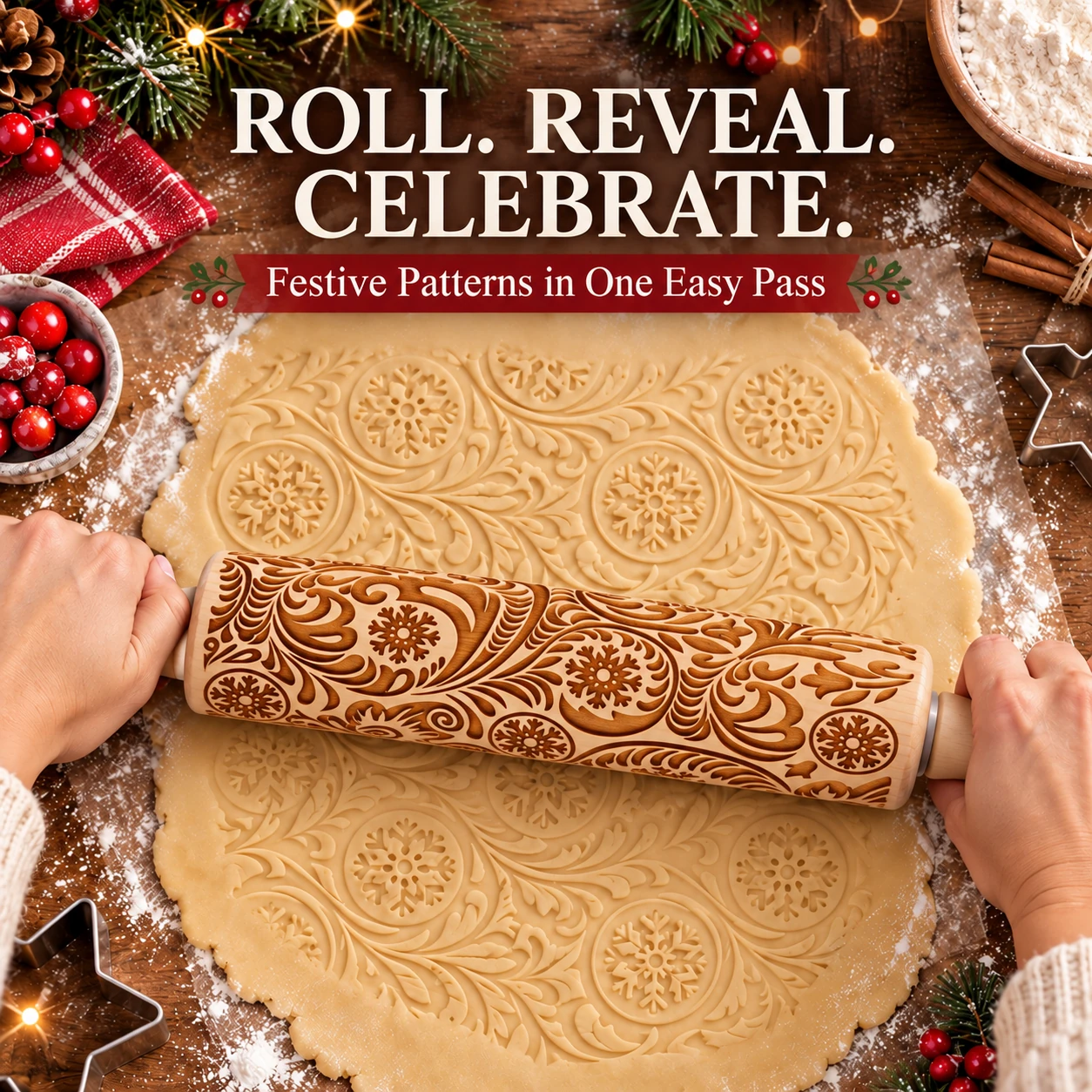 Embossed Christmas rolling pin creating festive patterns in cookie dough
