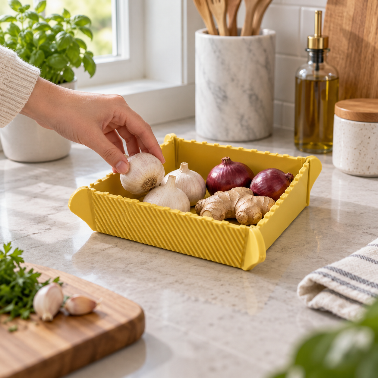 Yellow foldable silicone tray in assembled tray form holding garlic, onions, and ginger